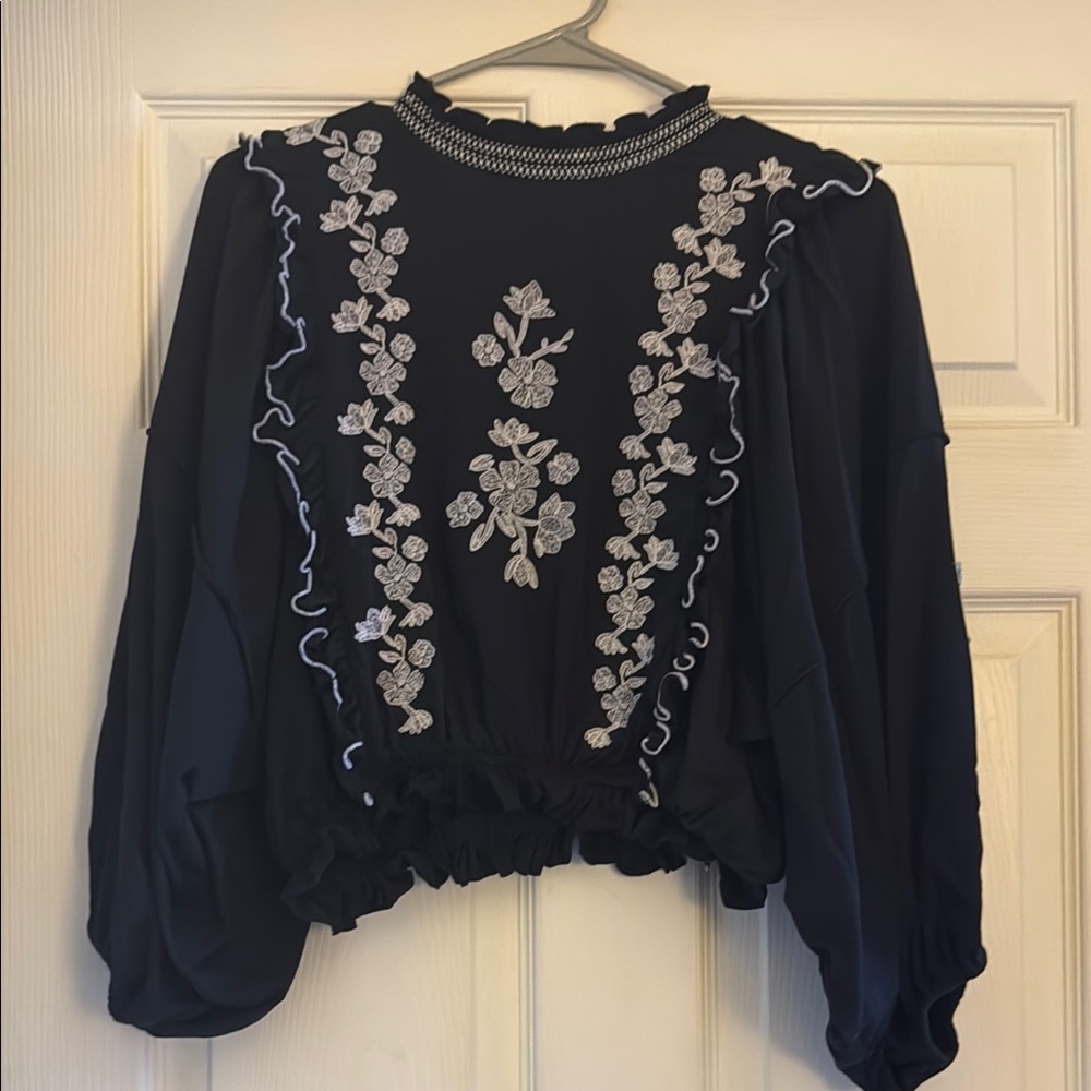 Free People Embroidered Black Blouse